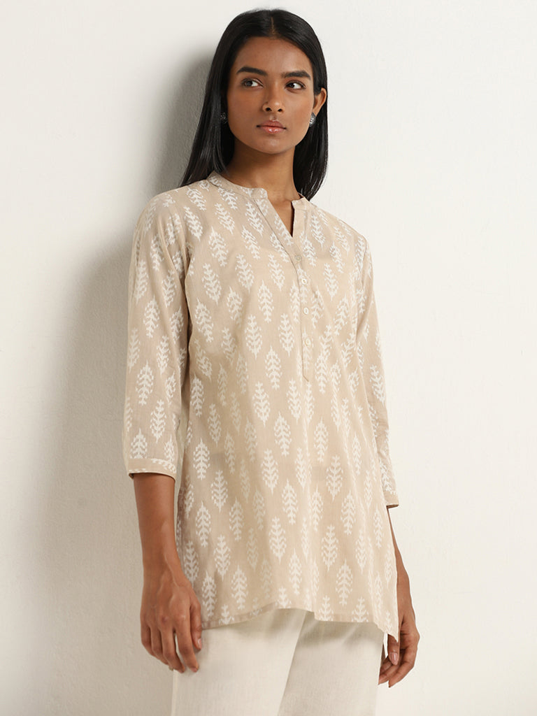 Utsa Beige Leaf Pattern Straight Kurti