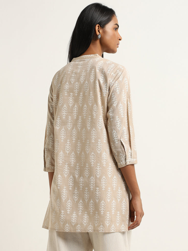 Utsa Beige Leaf Pattern Straight Kurti