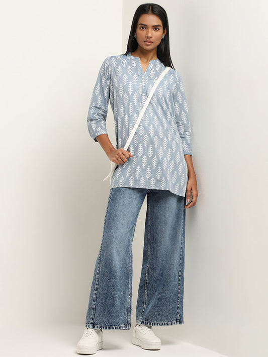 Utsa Dusty Blue Leaf Pattern Straight Kurti