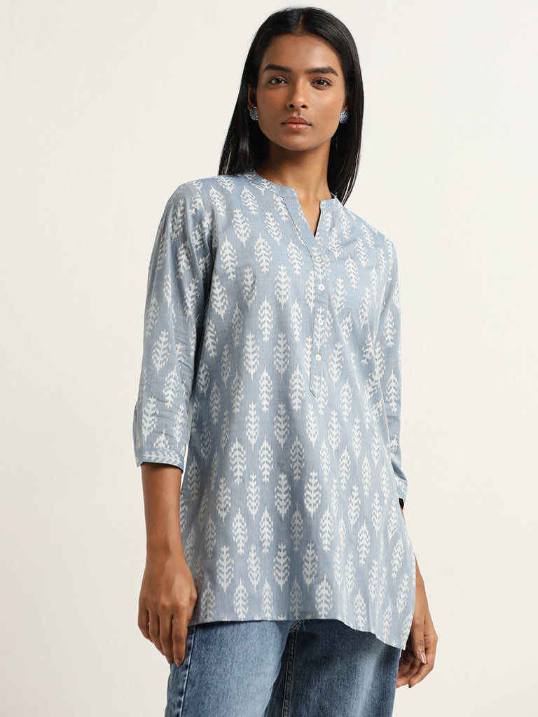 Utsa Dusty Blue Leaf Pattern Straight Kurti