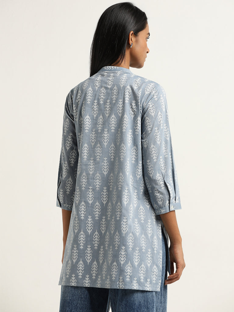 Utsa Dusty Blue Leaf Pattern Straight Kurti