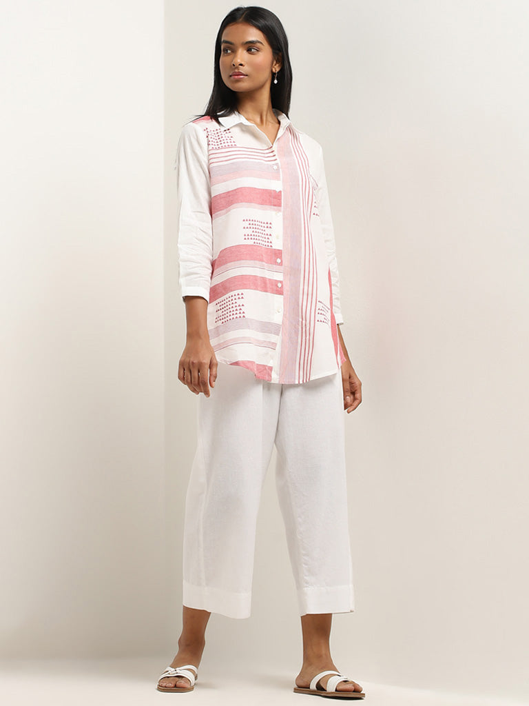 Utsa White and Red Pindna-Inspired Straight Cotton Tunic