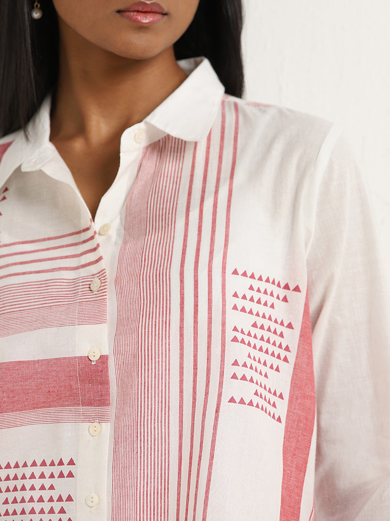 Utsa White and Red Pindna-Inspired Straight Cotton Tunic