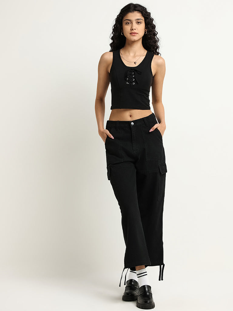 Nuon Black Cotton Blend Lace-Up Crop Top