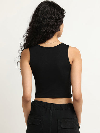 Nuon Black Cotton Blend Lace-Up Crop Top