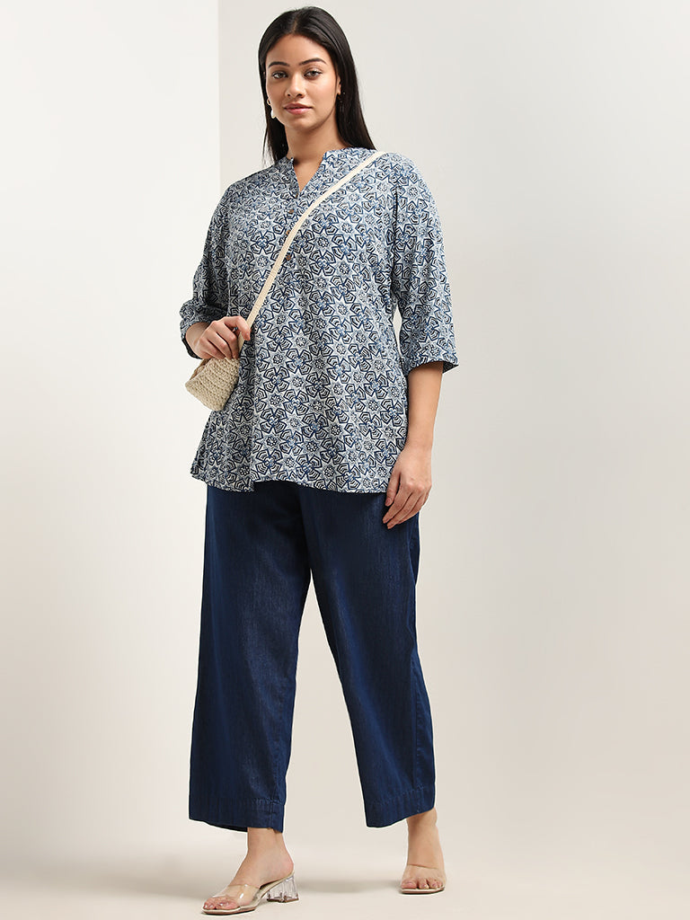 Diza Indigo Geometric Printed Straight Kurti