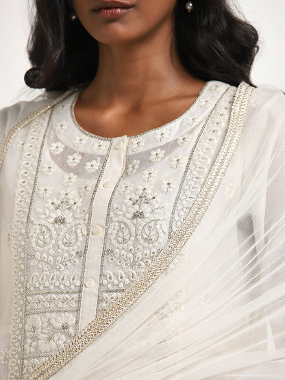 Vark White Embroidered A-Line Kurta, Pants & Dupatta Set