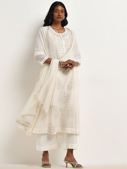 Vark White Embroidered A-Line Kurta, Pants & Dupatta Set