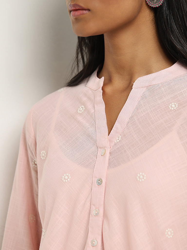 Utsa Light Pink Embroidered A-Line Cotton Kurti