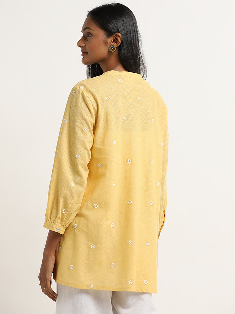 Utsa Yellow Embroidered A-Line Cotton Tunic