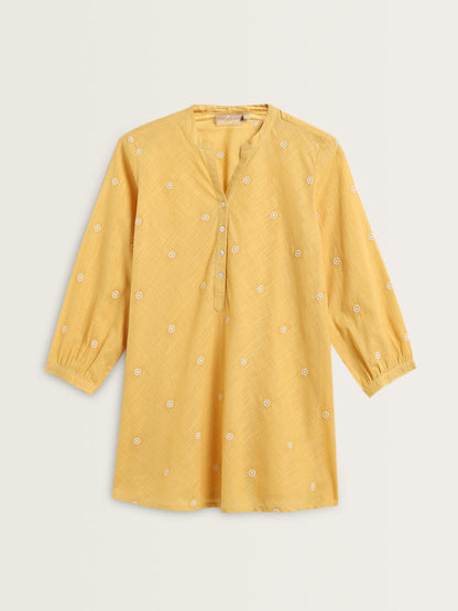 Utsa Yellow Embroidered A-Line Cotton Tunic