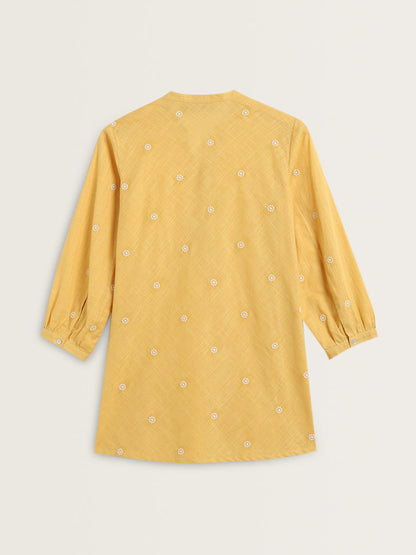 Utsa Yellow Embroidered A-Line Cotton Tunic