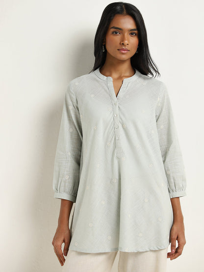 Utsa Light Blue Embroidered A-Line Cotton Kurti