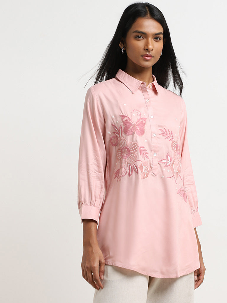 Utsa Pink Floral Embroidered Straight Tunic