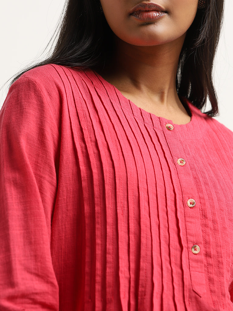 Utsa Fuchsia Pintuck Detailed A-Line Cotton Tunic