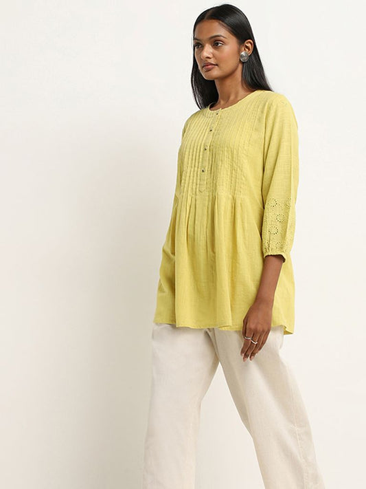 Utsa Lime Pintuck Detailed A-Line Cotton Tunic