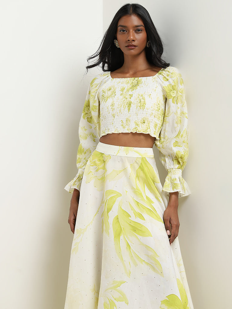 Vark Lime Floral Smocked Top and Skirt Set