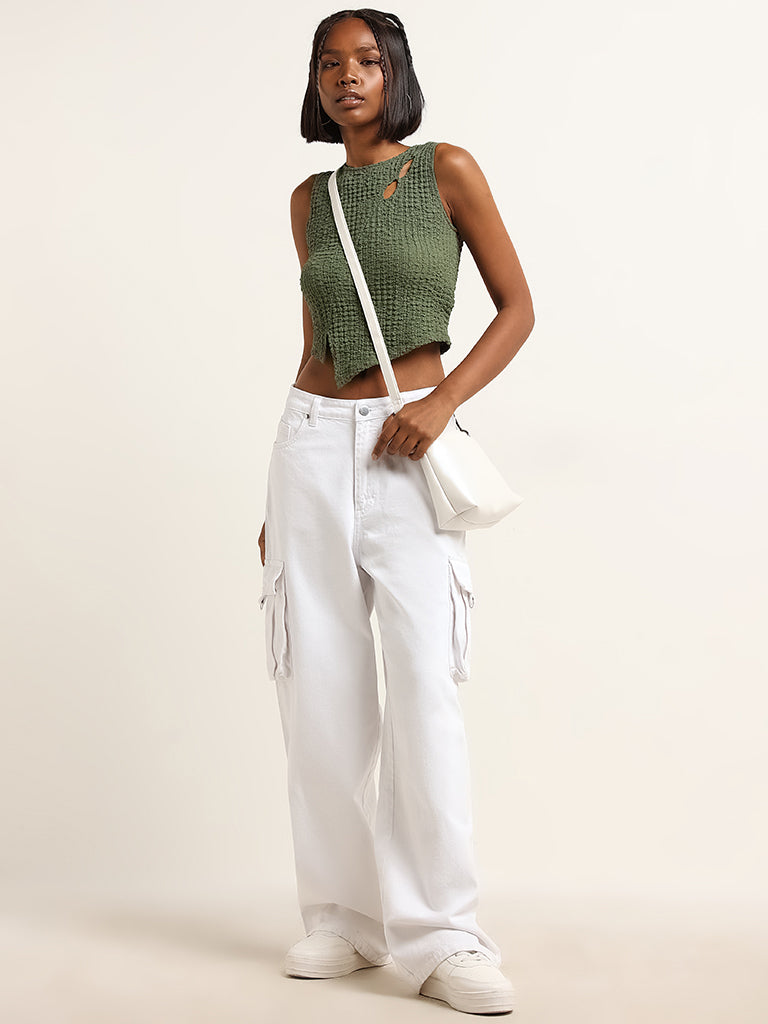 Nuon Olive Ribbed Crop Top