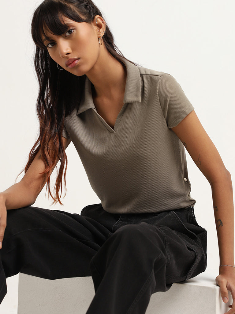 Nuon Dark Beige Ribbed Polo Neck Top