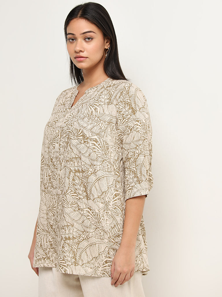 Diza Beige Leaf Design Straight Kurti