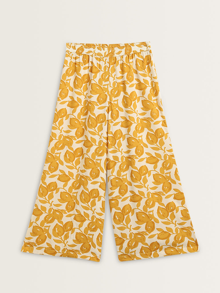 Utsa Yellow Floral Printed Mid-Rise Palazzos