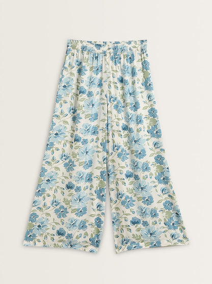 Utsa Blue Floral Printed Mid-Rise Palazzos