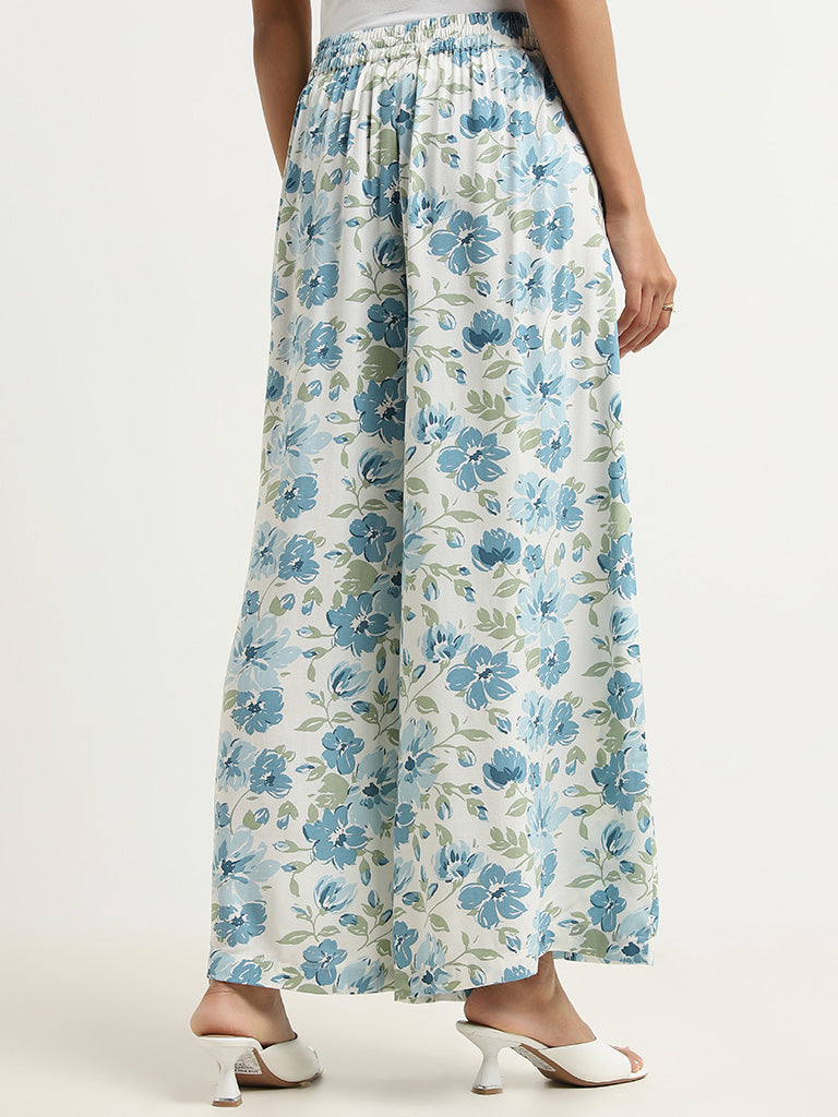 Utsa Blue Floral Printed Mid-Rise Palazzos