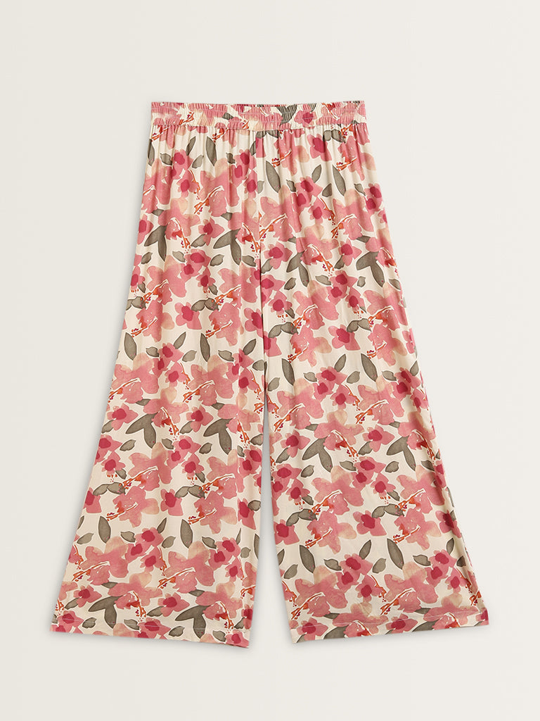 Utsa Pink Floral Patterned Mid-Rise Palazzos