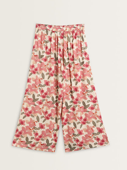 Utsa Pink Floral Patterned Mid-Rise Palazzos