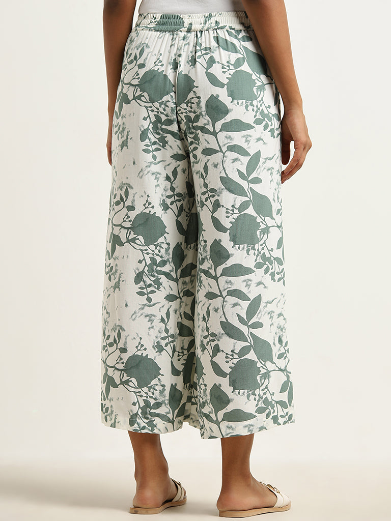 Utsa Green Floral Printed Mid-Rise Palazzos