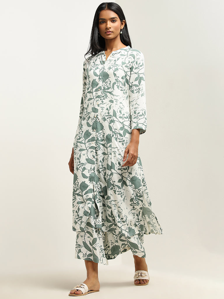 Utsa Green Floral Printed Mid-Rise Palazzos