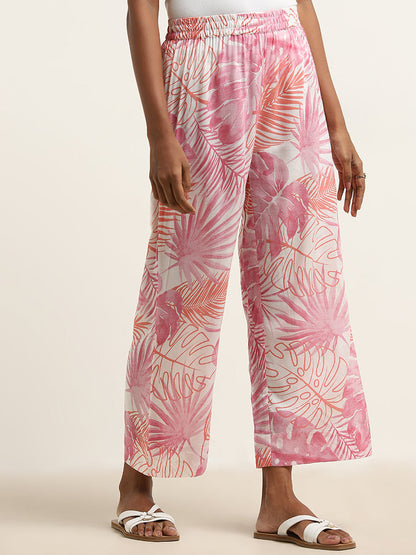 Utsa Pink Leaf Design High-Rise Palazzos