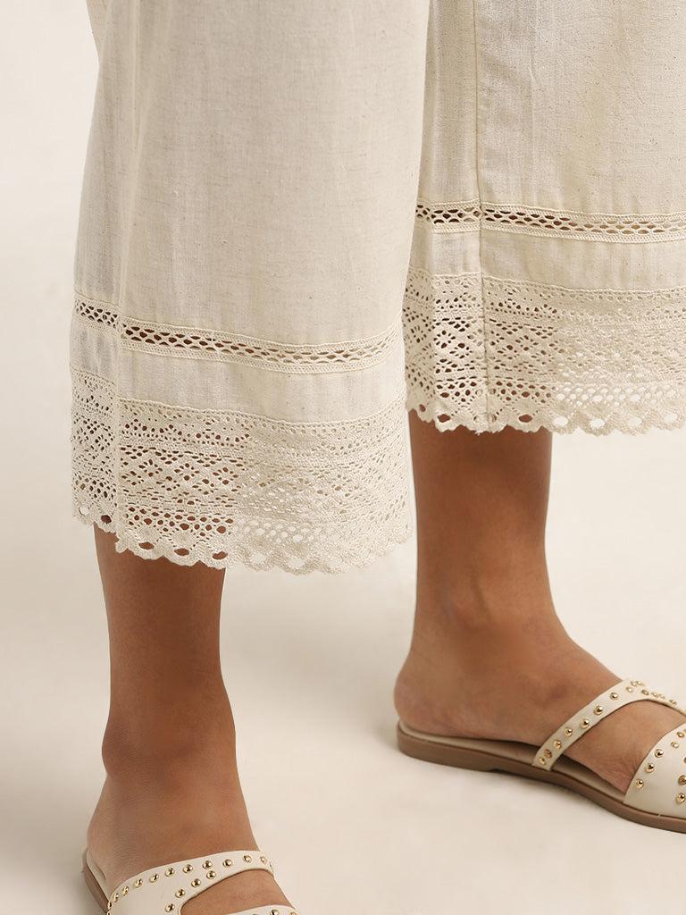 Utsa Beige Crochet-Detailed Mid-Rise Cotton Blend Palazzos