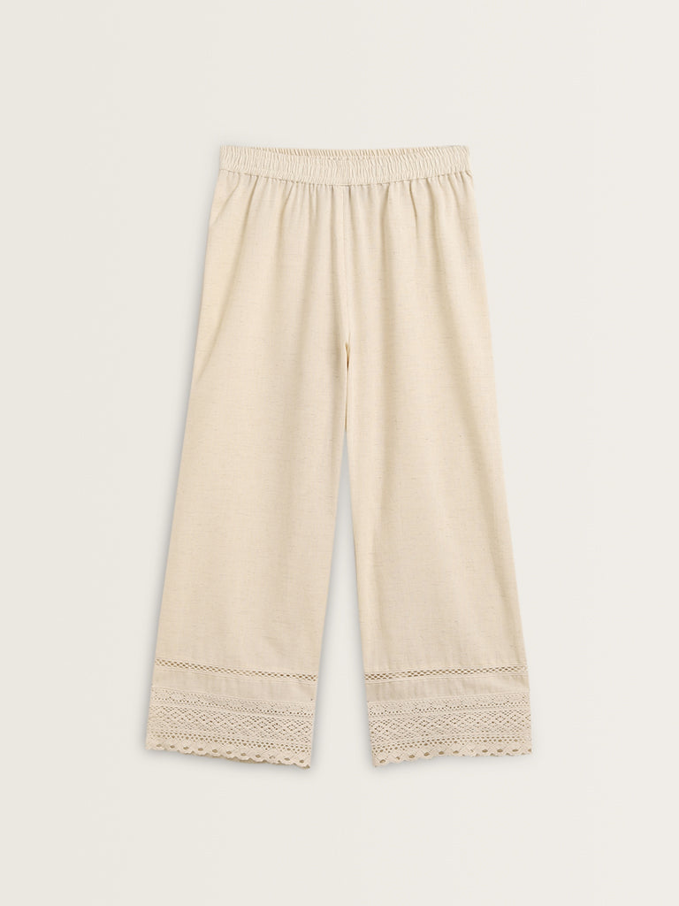 Utsa Beige Crochet-Detailed Mid-Rise Cotton Blend Palazzos