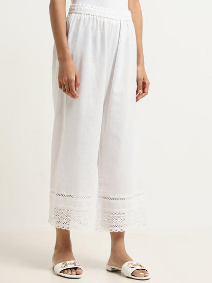 Utsa White Crochet-Detailed Mid-Rise Cotton Blend Palazzos