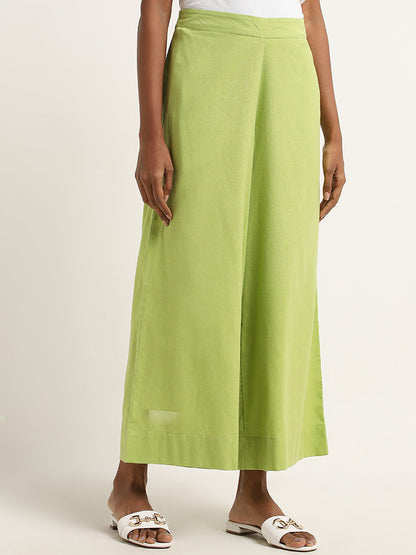 Utsa Green Flared High-Rise Cotton Blend Palazzos