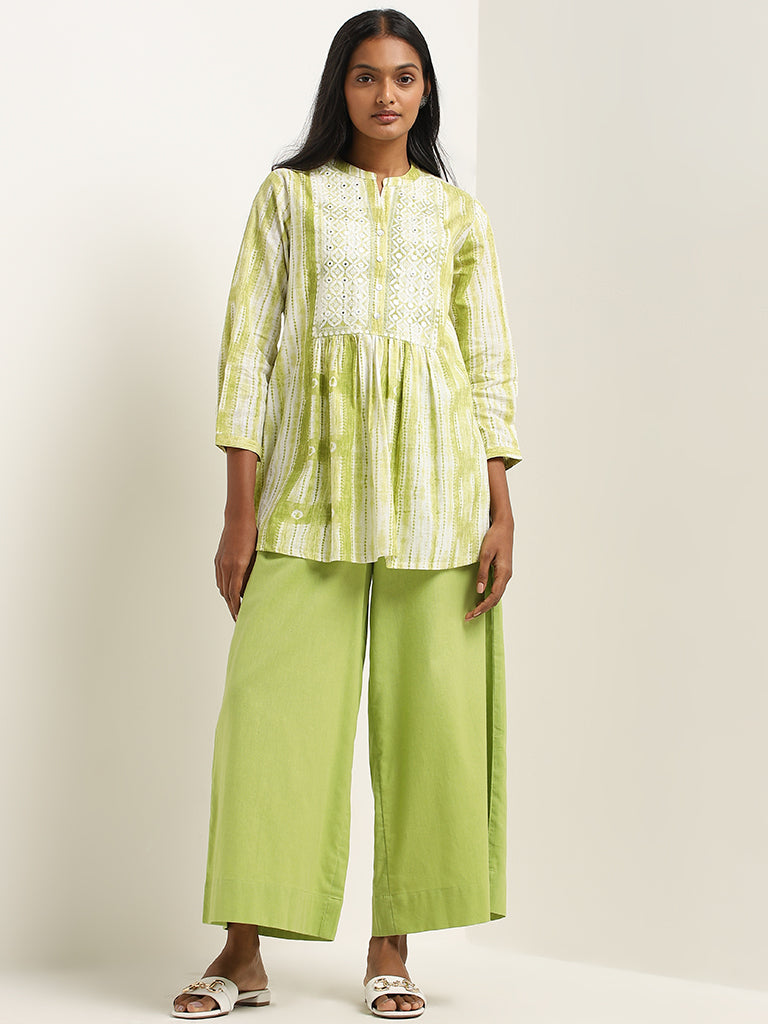 Utsa Green Flared High-Rise Cotton Blend Palazzos