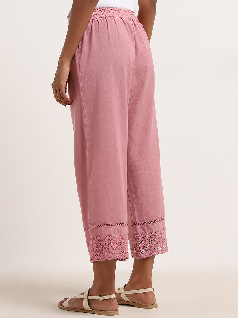 Utsa Pink Crochet-Detailed High-Rise Cotton Blend Palazzos