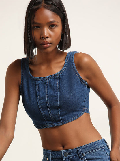 Nuon Dark Blue Cotton Corset Crop Top