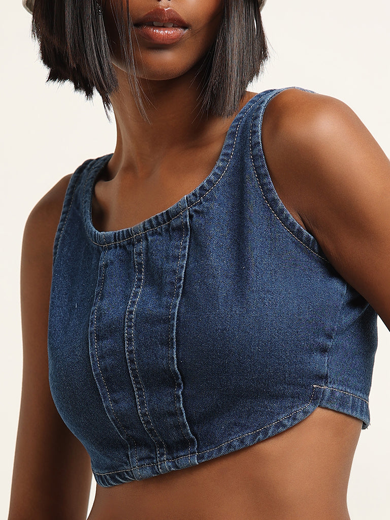 Nuon Dark Blue Cotton Corset Crop Top