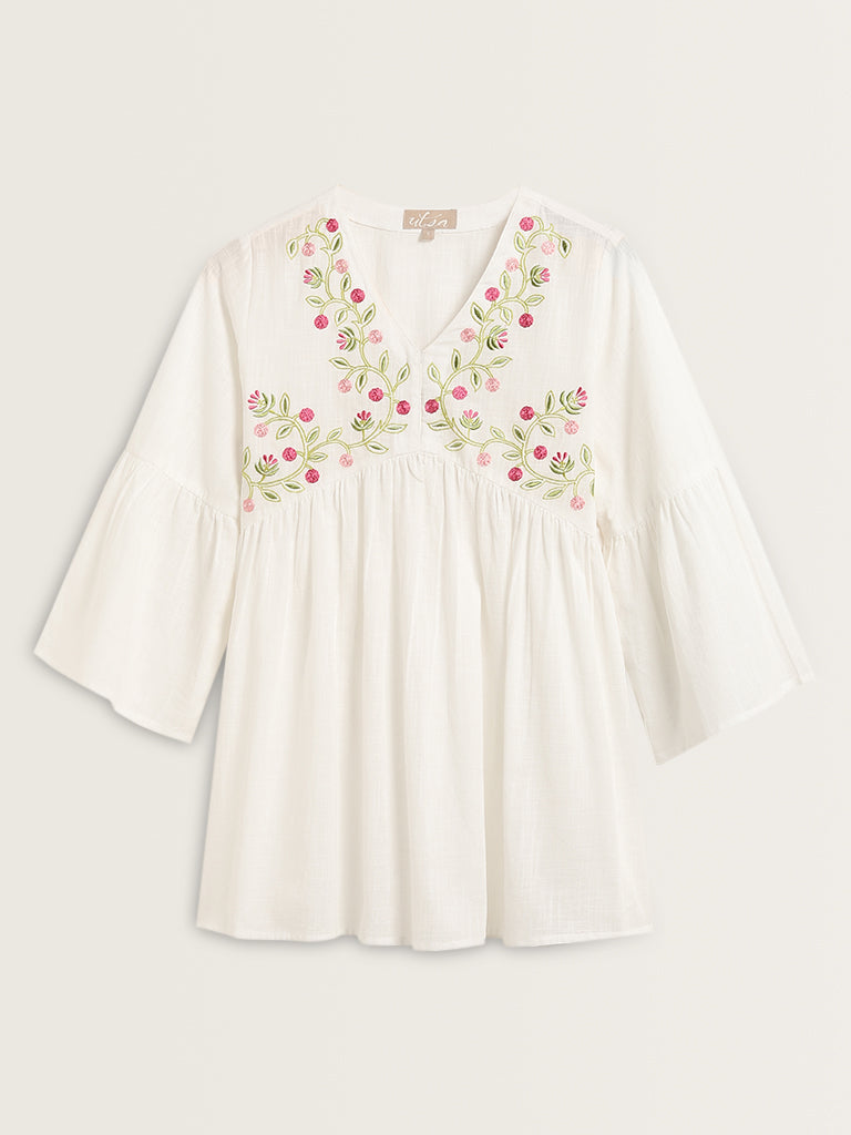 Utsa White Floral Embroidered A-Line Cotton Kurti