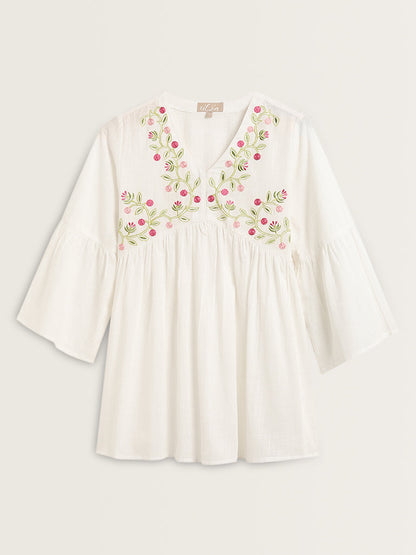 Utsa White Floral Embroidered A-Line Cotton Kurti