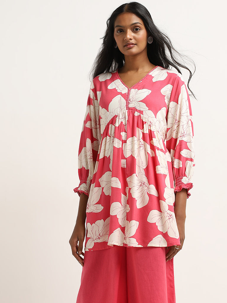 Utsa Fuchsia Floral Design A-Line Kurti