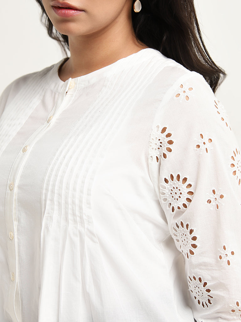 Diza White Pintuck Detailed Straight Cotton Kurti