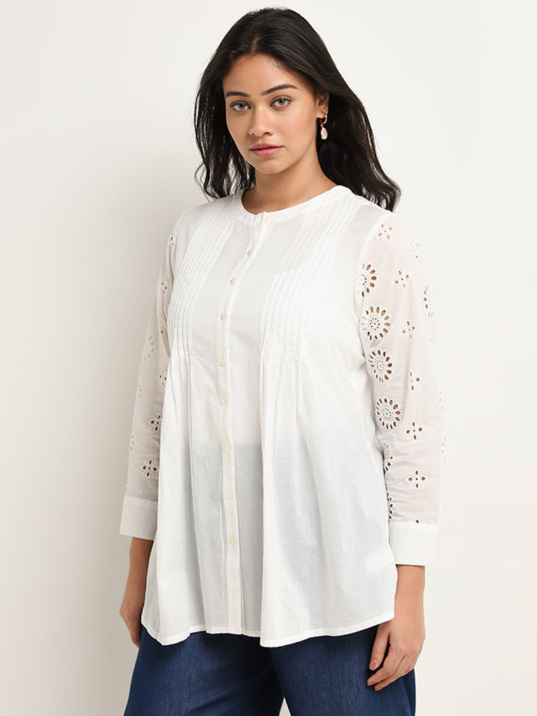 Diza White Pintuck Detailed Straight Cotton Kurti