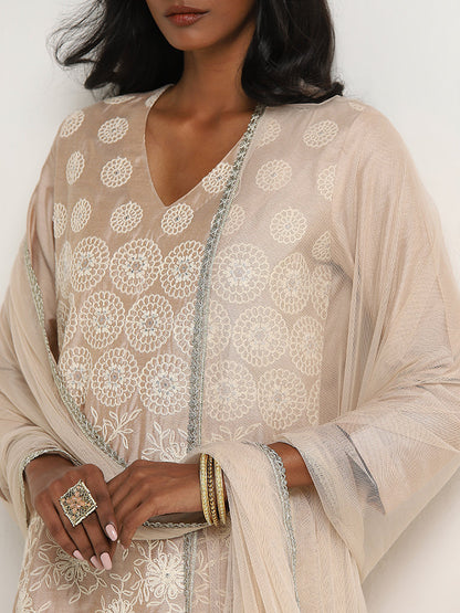 Vark Beige Embroidered Kurti, Palazzos & Dupatta Set