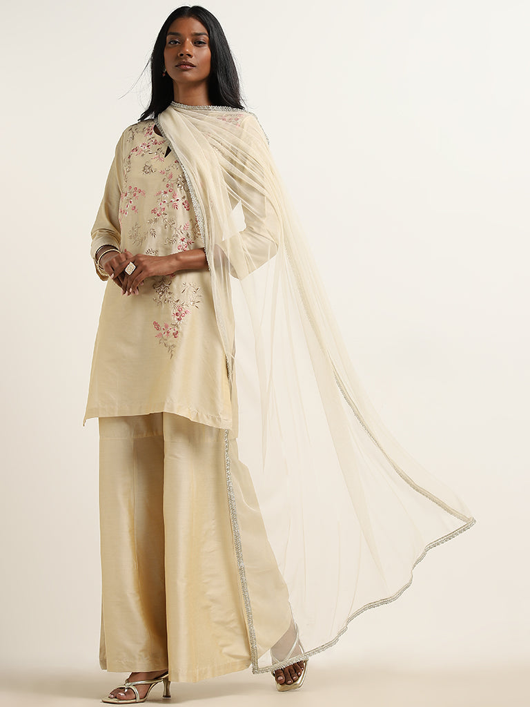 Vark Beige Floral Embroidered Kurti, Gharara & Dupatta Set