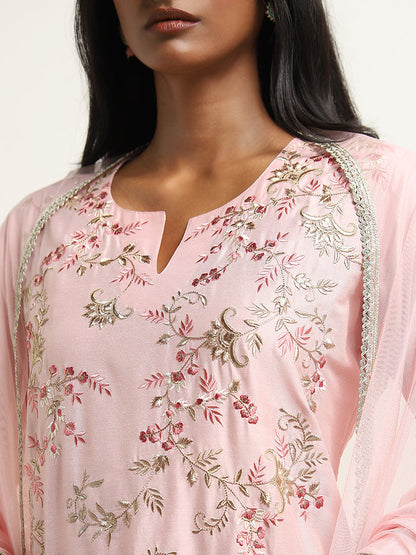 Vark Pink Floral Embroidered Kurti, Gharara & Dupatta Set