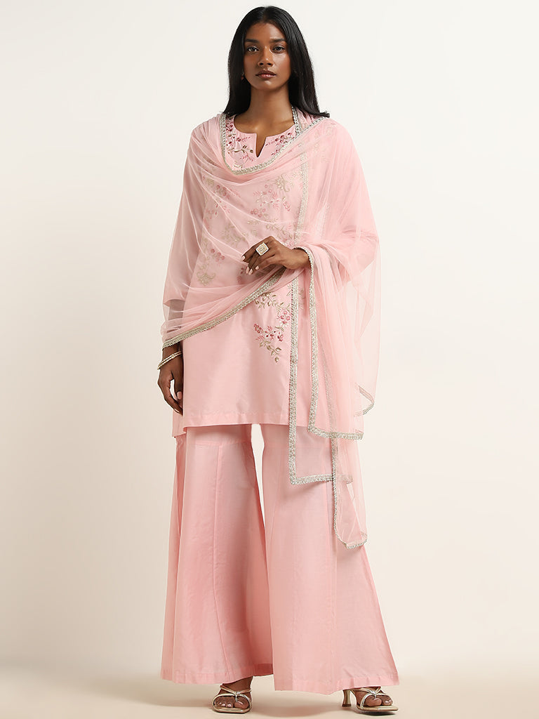 Vark Pink Floral Embroidered Kurti, Gharara & Dupatta Set