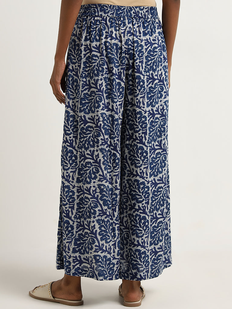 Utsa Blue Leaf Printed High-Rise Palazzos